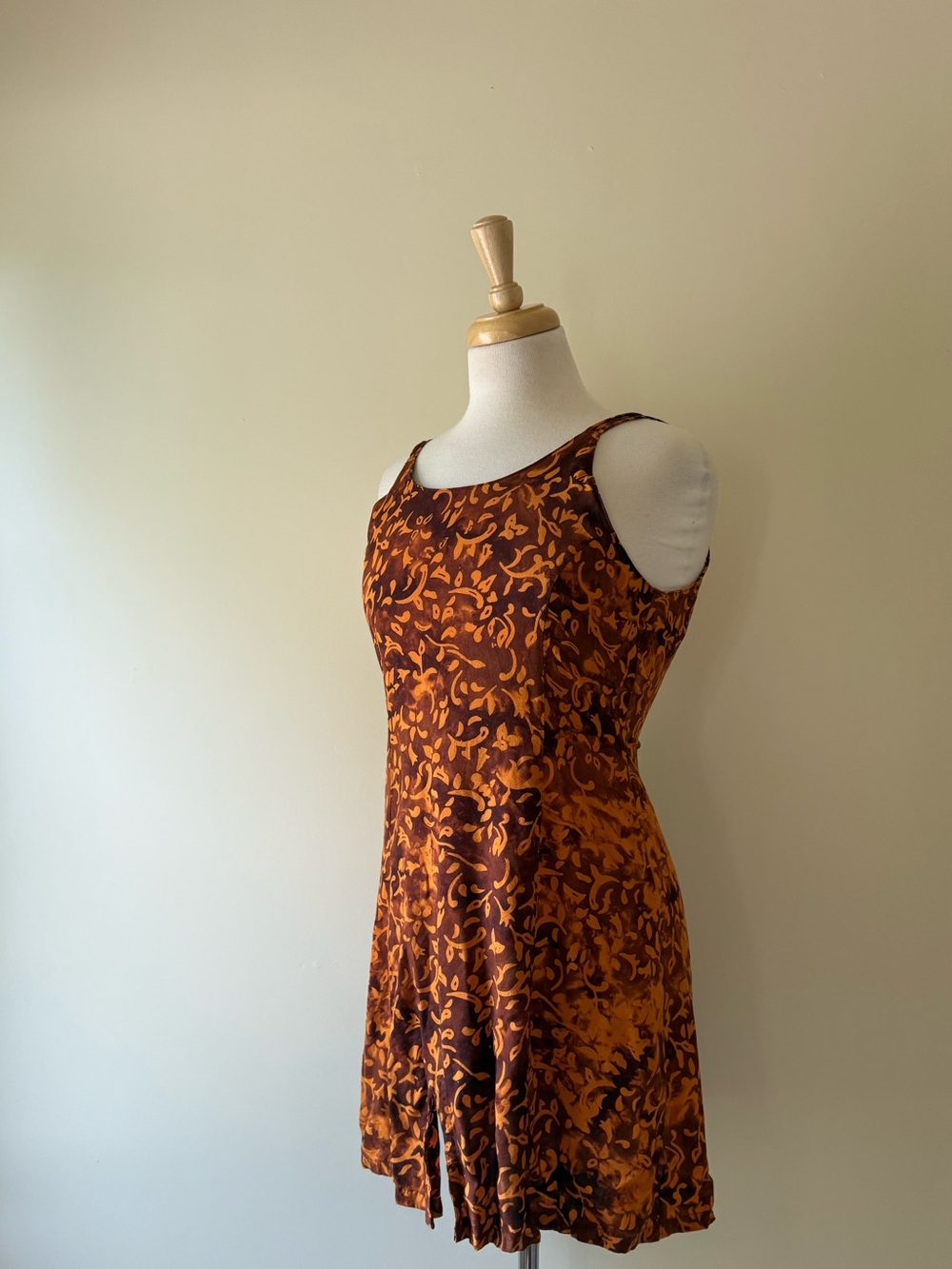 Vintage 90s Boho Rust Brown Orange Batik Print Mini Dress Zipper Back